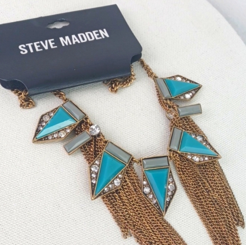 STEVE MADDEN Vintage Green & Gray Stone Rhinestone Chain Fringe Choker Necklace